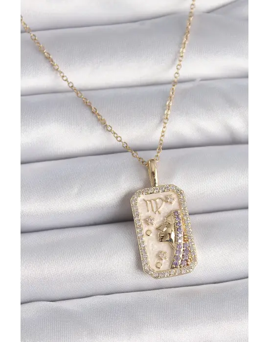  Altın  Zincir Başak Burcu Zirkon Taşlı  Çelik Kolye