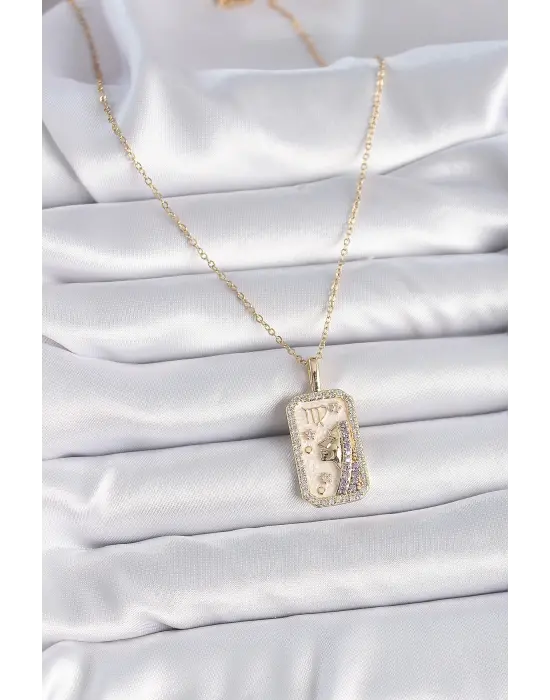  Altın  Zincir Başak Burcu Zirkon Taşlı  Çelik Kolye