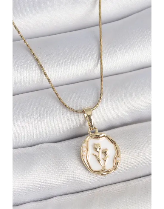 316L Çelik Gold Renk Zincir Beyaz Minel Çiçek İşlemeli Portre Model Kadın Kolye