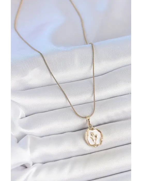 316L Çelik Gold Renk Zincir Beyaz Minel Çiçek İşlemeli Portre Model Kadın Kolye