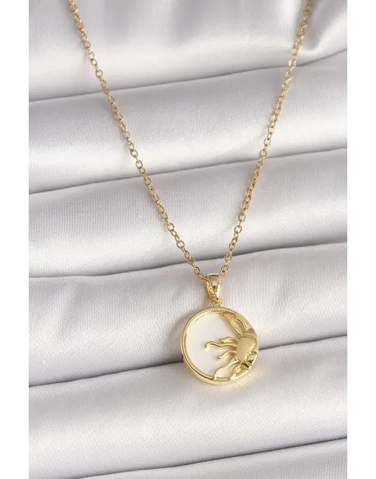 316L Çelik Gold Renk Zincir Beyaz Mineli Gün Batımı Model Kadın Kolye