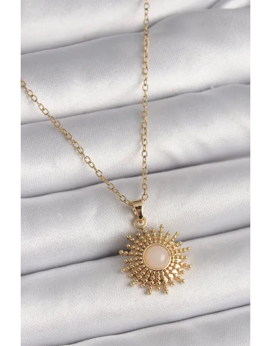  Altın  Zincir Beyaz Mineli Güneş Model  Çelik Kolye