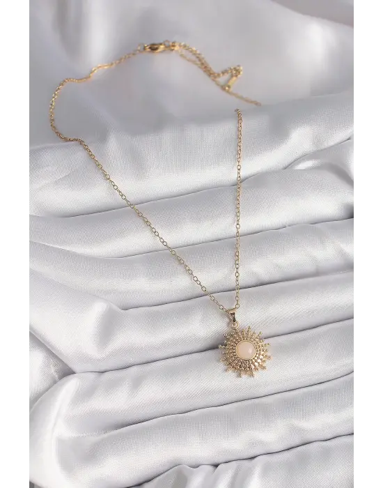  Altın  Zincir Beyaz Mineli Güneş Model  Çelik Kolye