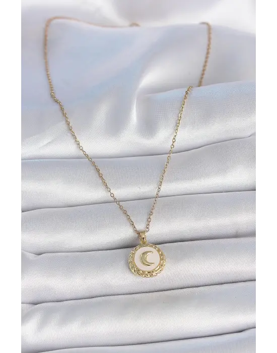 316L Çelik Gold Renk Zincir Beyaz Mineli Hilal İşlemeli Madalyon Model Kadın Kolye