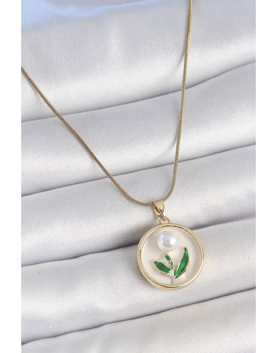 316L Çelik Gold Renk Zincir Beyaz Mineli İncili Çiçek İşlemeli Portre Model Kadın Kolye