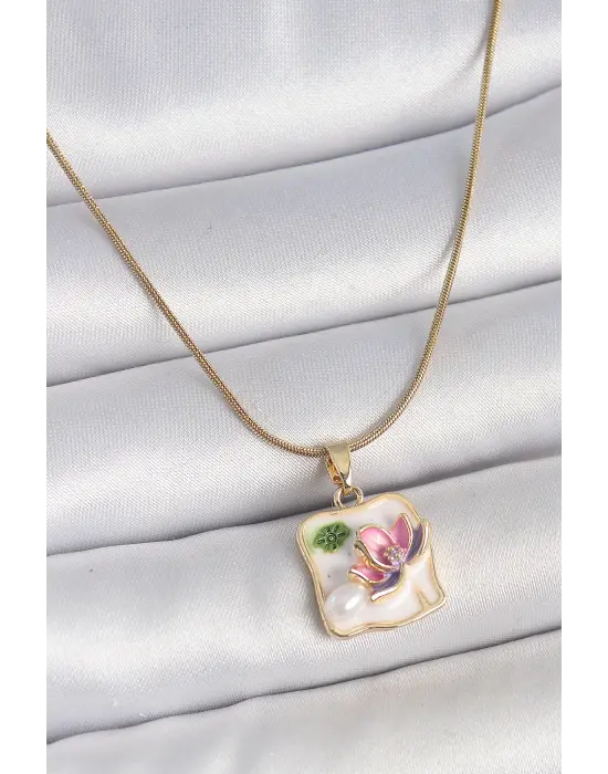 316L Çelik Gold Renk Zincir Beyaz Mineli İncili Çiçek İşlemeli Portre Model Kadın Kolye