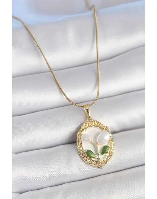 316L Çelik Gold Renk Zincir Beyaz Mineli İncili Çiçek İşlemeli Portre Model Kadın Kolye