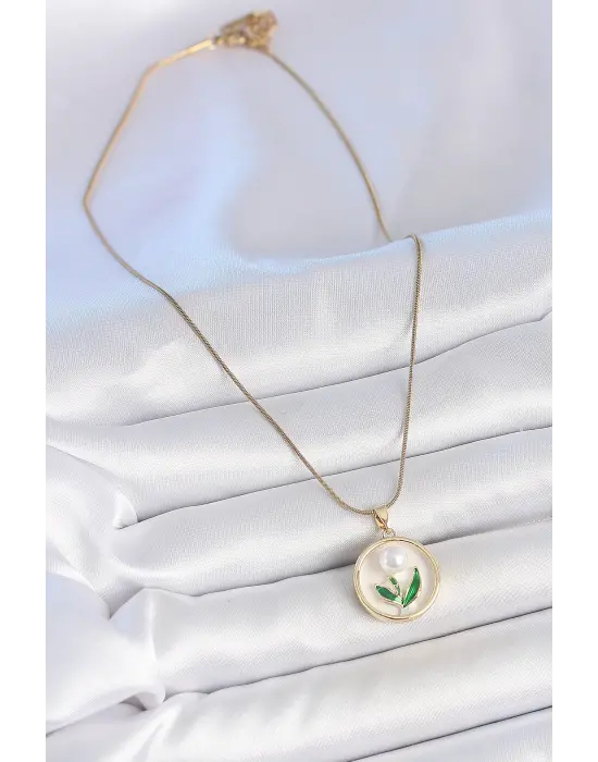 316L Çelik Gold Renk Zincir Beyaz Mineli İncili Çiçek İşlemeli Portre Model Kadın Kolye