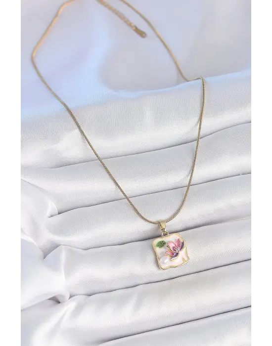 316L Çelik Gold Renk Zincir Beyaz Mineli İncili Çiçek İşlemeli Portre Model Kadın Kolye