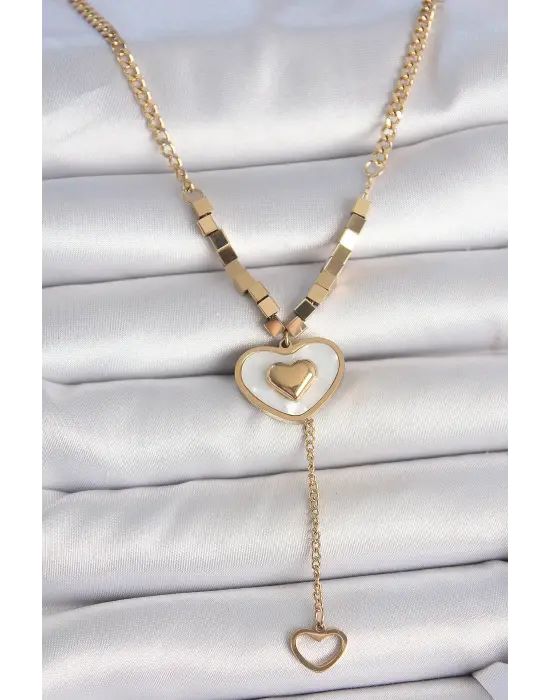 316L Çelik Gold Renk Zincir Beyaz Mineli Kalp Figür Sallantı Detay Kadın Kolye