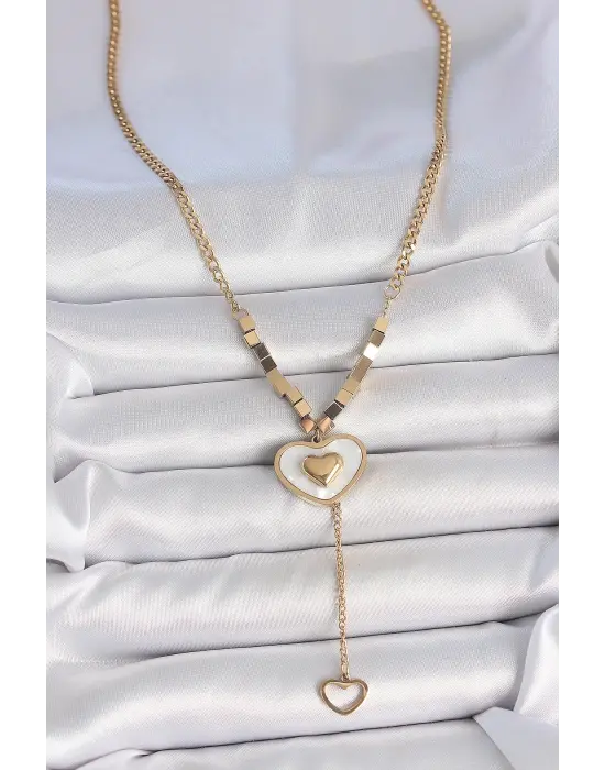 316L Çelik Gold Renk Zincir Beyaz Mineli Kalp Figür Sallantı Detay Kadın Kolye