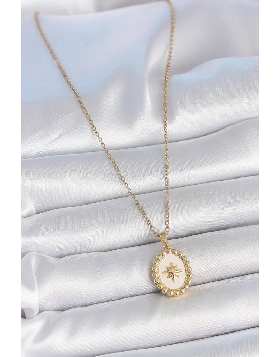 316L Çelik Gold Renk Zincir Beyaz Mineli Kutup Yıldız İşlemeli Madalyon Model Kadın Kolye