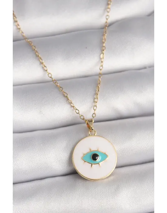  Altın  Zincir Beyaz Mineli Turkuaz Göz İşleme Model  Çelik Kolye