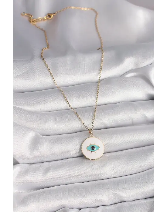  Altın  Zincir Beyaz Mineli Turkuaz Göz İşleme Model  Çelik Kolye