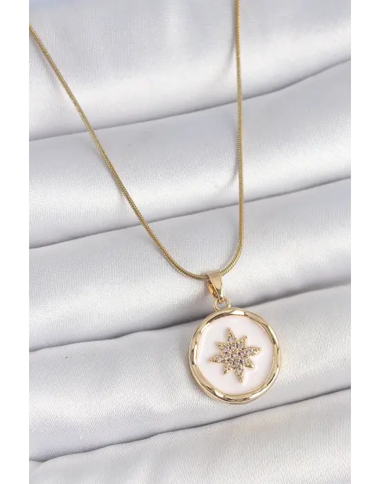 316L Çelik Gold Renk Zincir Beyaz Mineli Zirkon Taşlı Kuzey Yıldız İşlemeli Madalyon Model Kadın Kolye