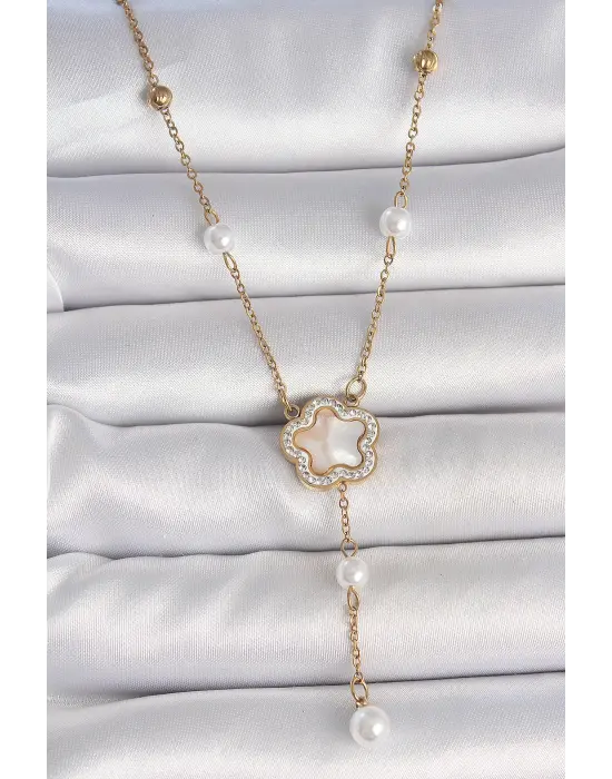 316L Çelik Gold Renk Zincir Beyaz Mineli Zirkon Taşlı Yonca Figür Topçuk Detay Kadın Kolye