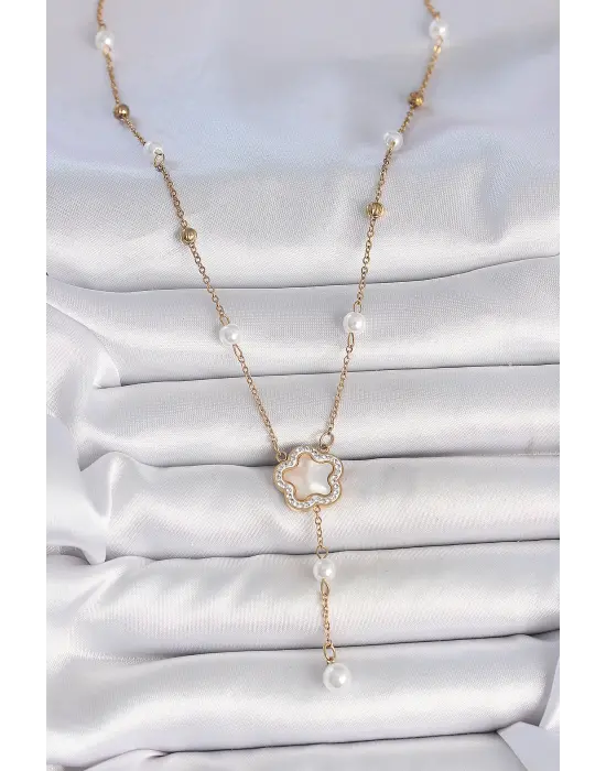 316L Çelik Gold Renk Zincir Beyaz Mineli Zirkon Taşlı Yonca Figür Topçuk Detay Kadın Kolye