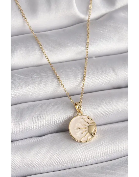  Altın  Zincir Beyaz Sedefli Gün Batımı Madalyon Model  Çelik Kolye