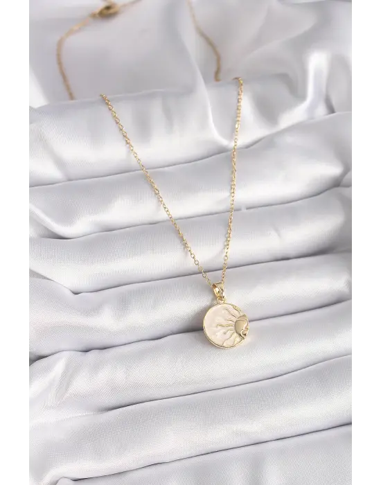 Altın  Zincir Beyaz Sedefli Gün Batımı Madalyon Model  Çelik Kolye