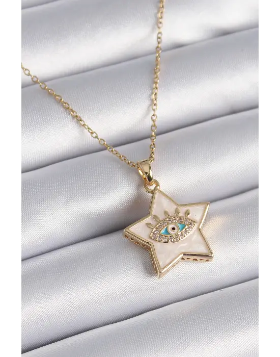  Altın  Zincir Beyaz Sedefli Yıldız Model Göz İşleme Zirkon Taş Detay  Çelik Kolye