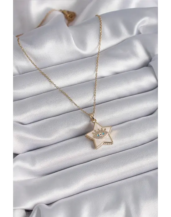  Altın  Zincir Beyaz Sedefli Yıldız Model Göz İşleme Zirkon Taş Detay  Çelik Kolye