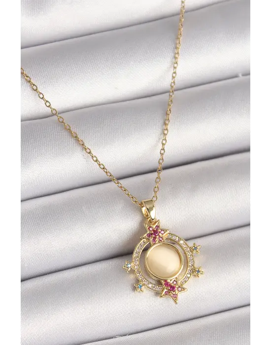  Altın  Zincir Beyaz Sedefli Zirkon Taşlı Yıldız Detay  Çelik Kolye