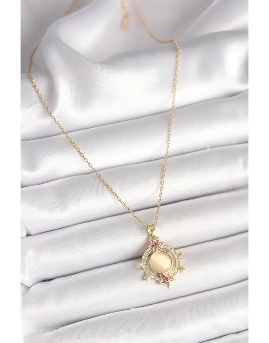  Altın  Zincir Beyaz Sedefli Zirkon Taşlı Yıldız Detay  Çelik Kolye