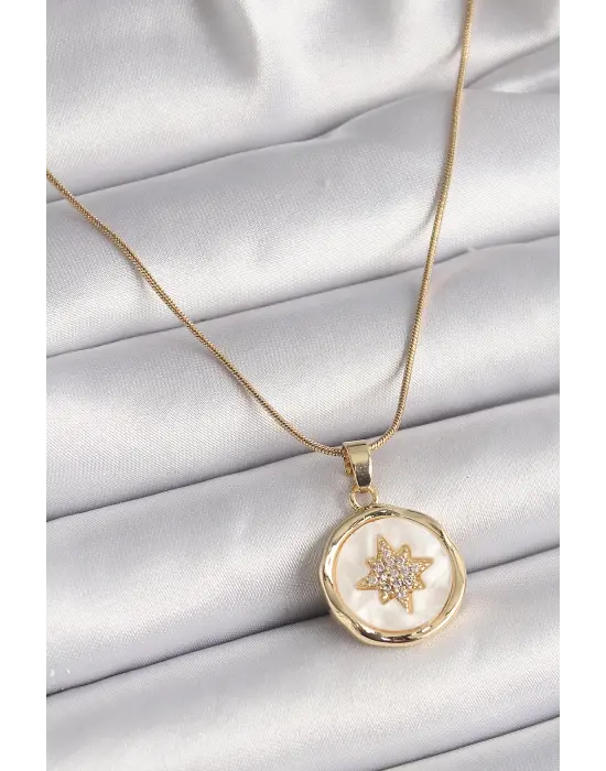  Altın  Zincir Beyaz Sedefli Zirkon Taşlı Yıldız İşleme Model  Çelik Kolye