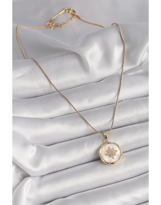  Altın  Zincir Beyaz Sedefli Zirkon Taşlı Yıldız İşleme Model  Çelik Kolye