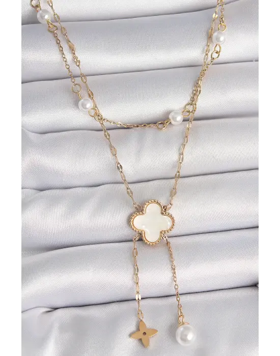 316L Çelik Gold Renk Zincir Beyaz Yonca Figür Sallantı Çiçek İnci Detay Kadın Kolye