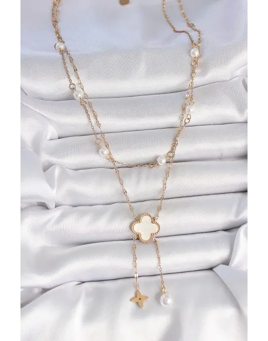 316L Çelik Gold Renk Zincir Beyaz Yonca Figür Sallantı Çiçek İnci Detay Kadın Kolye