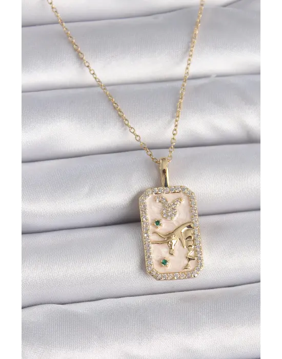  Altın  Zincir Boğa Burcu Zirkon Taşlı  Çelik Kolye