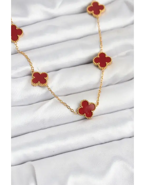 316L Çelik Gold Renk Zincir Bordo Yonca Kadın Kolye