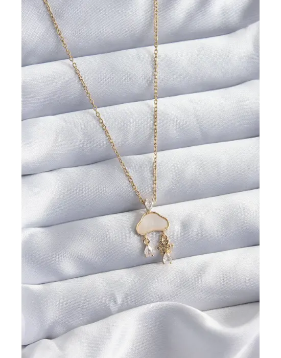  Altın  Zincir Bulut Figür Zirkon Taş Kar Tanesi Detay  Çelik Kolye