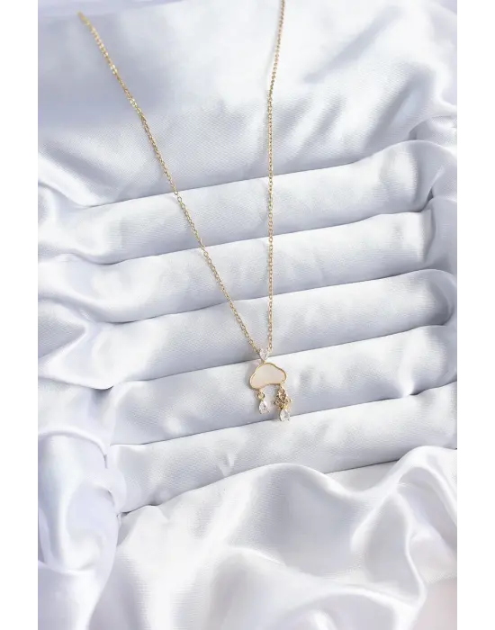  Altın  Zincir Bulut Figür Zirkon Taş Kar Tanesi Detay  Çelik Kolye