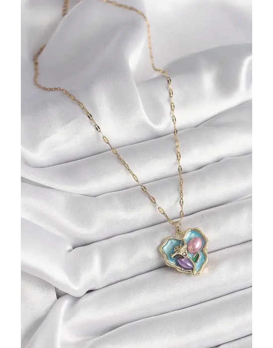 Steel Altın Zincir Çiçek İşlemeli Zirkon Taş Detaylı Mavi Kalp Portre Model Çelik Kolye