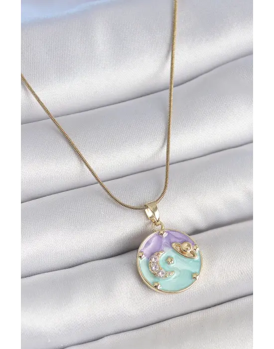 316L Çelik Gold Renk Zincir Çifr Renk Zirkon Taşlı Hilal İşlemeli Yıldız Detay Madalyon Model Kadın Kolye