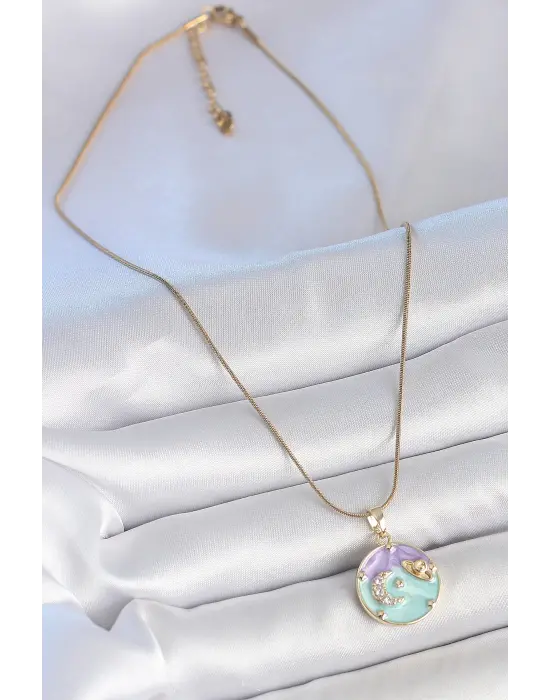 316L Çelik Gold Renk Zincir Çifr Renk Zirkon Taşlı Hilal İşlemeli Yıldız Detay Madalyon Model Kadın Kolye