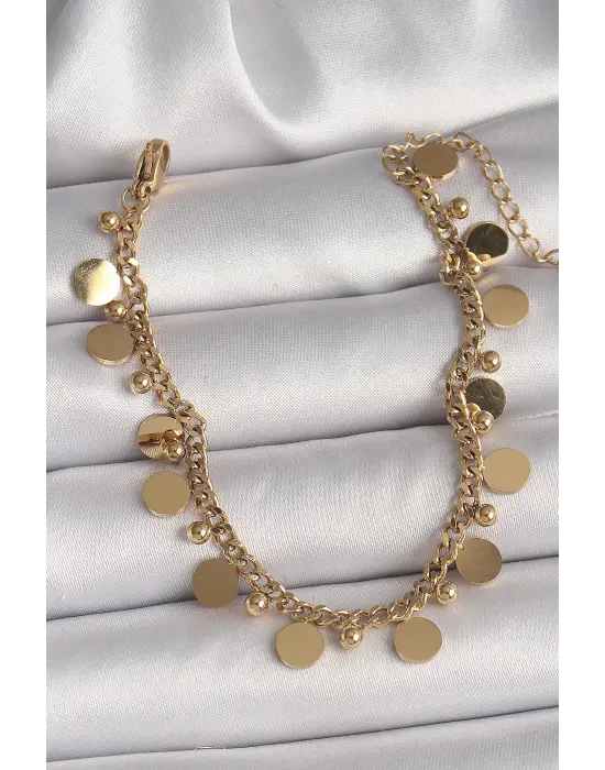 316L Çelik Gold Renk Zincir Çoklu Pul Model Topçuk Detay Kadın Bileklik