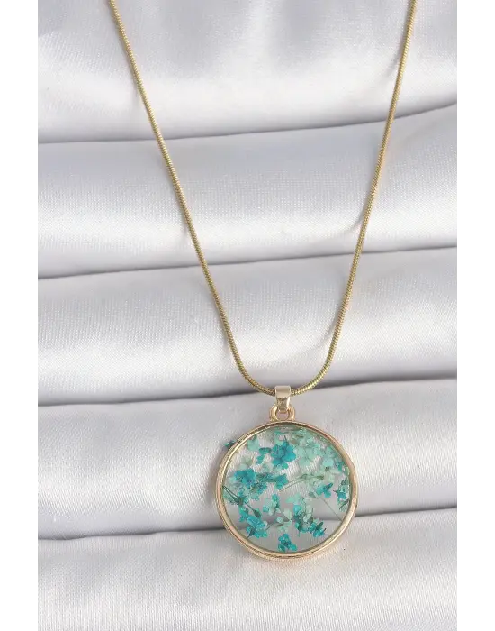 316L Çelik Gold Renk Zincir Daire Epoksi Mavi Çiçek Yaprak Model Kadın Kolye