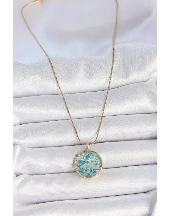 316L Çelik Gold Renk Zincir Daire Epoksi Mavi Çiçek Yaprak Model Kadın Kolye