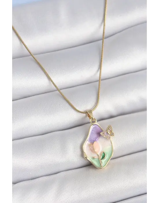 316L Çelik Gold Renk Zincir Damla Mix Renk Mineli Çiçek İşlemeli Kelebek Detay Portre Model Kadın Kolye