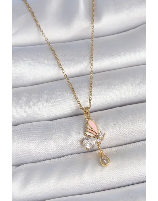 316L Çelik Gold Renk Zincir Damla Zirkon Taşlı Kelebek Model Sallantı Detay Kadın Kolye