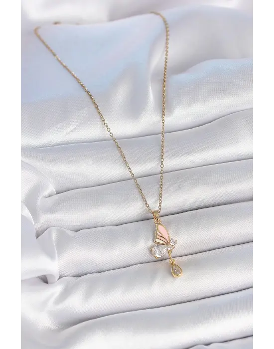 316L Çelik Gold Renk Zincir Damla Zirkon Taşlı Kelebek Model Sallantı Detay Kadın Kolye