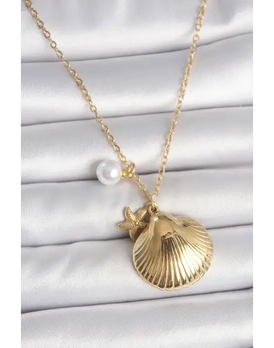 316L Çelik Gold Renk Zincir Deniz Kabuğu Figür İnci Detay Kadın Kolye
