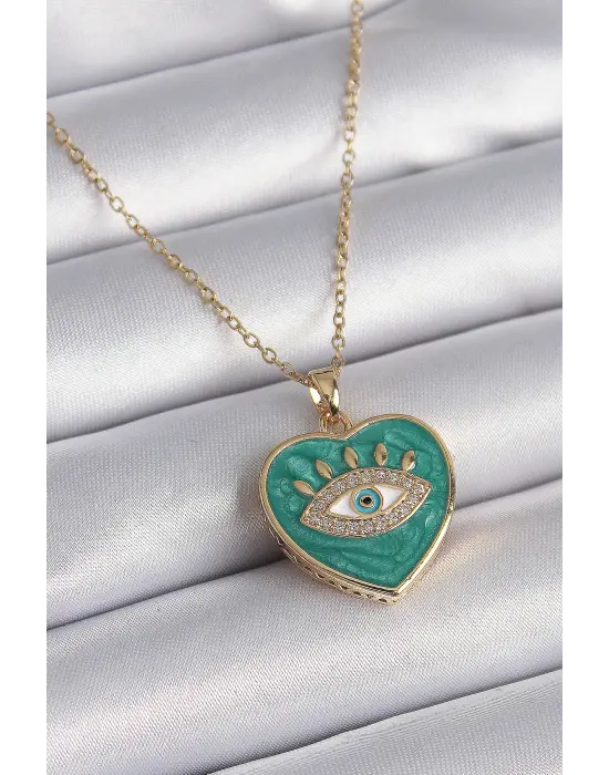  Altın  Zincir Göz İşlemeli Yeşil Kalp Model Zirkon Taşlı  Çelik Kolye