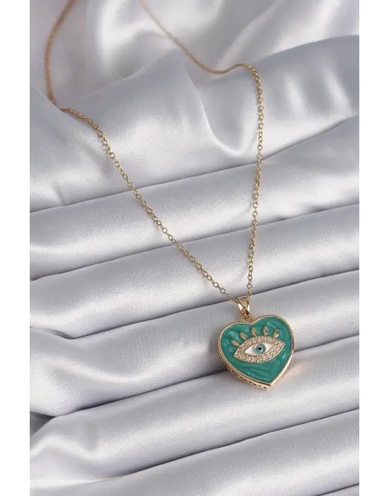  Altın  Zincir Göz İşlemeli Yeşil Kalp Model Zirkon Taşlı  Çelik Kolye