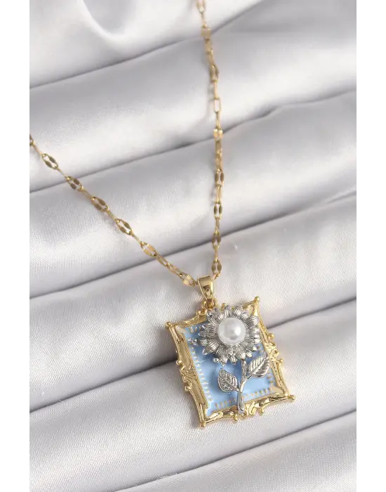 Altın Zincir Gümüş Çiçek İşleme İnci Detaylı Mavi Portre Model Paslanmaz Çelik Kolye