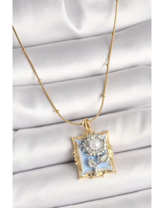 316L Çelik Gold Renk Zincir Gümüş İncili Gül Mavi Portre Model Kadın Kolye