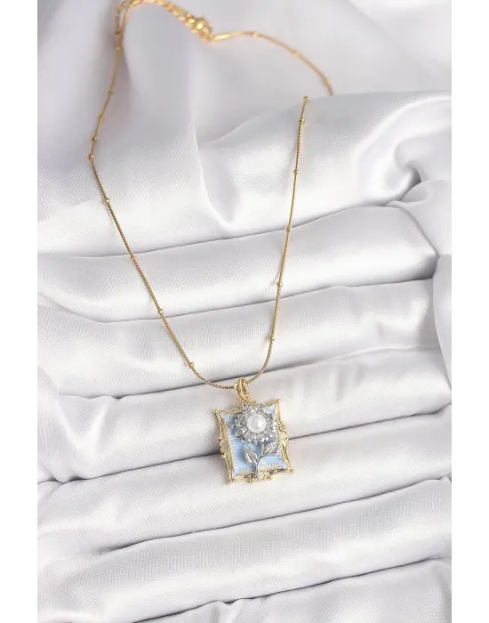 316L Çelik Gold Renk Zincir Gümüş İncili Gül Mavi Portre Model Kadın Kolye